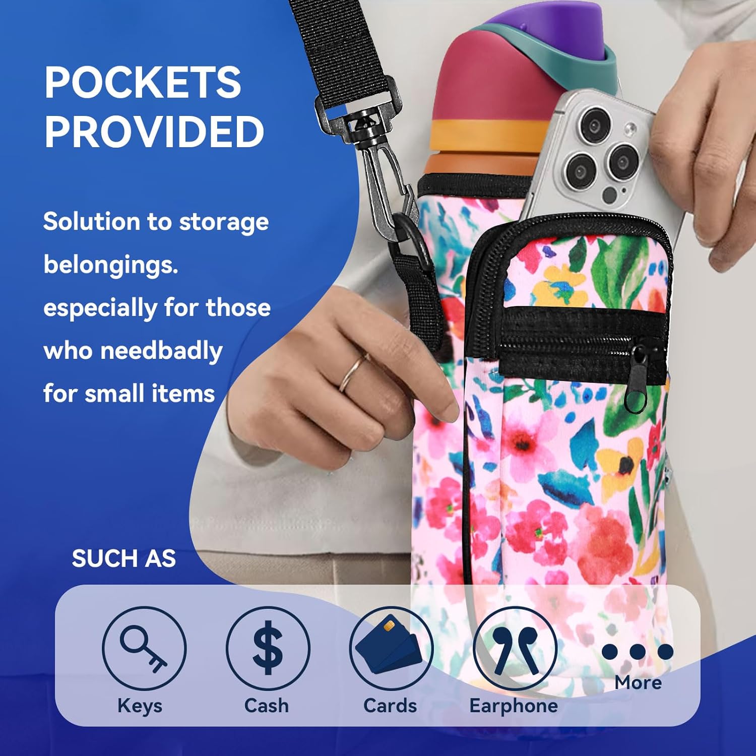 Owala | Neoprene Water Bottle Holder Bag - Adjustable Shoulder Strap & Cell Phone Pocket - 24 oz
