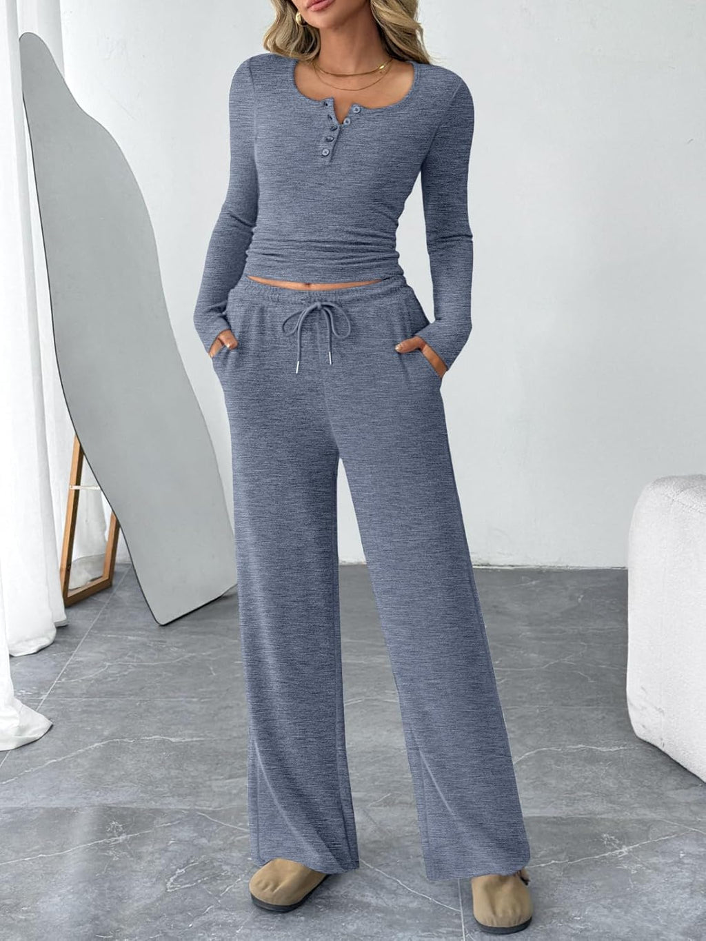 Trendy Queen Women's 2-Piece Lounge Set - Cozy Henley Neck Sweater & Wide Leg Pants Outfit