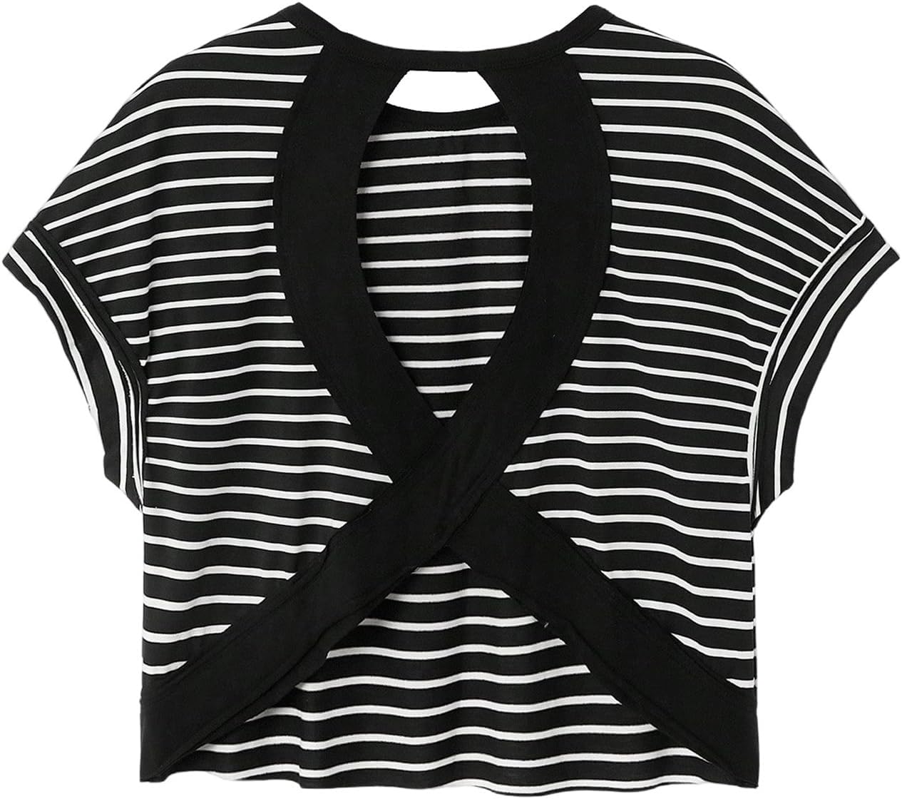 WDIRARA Women's Workout T-Shirt - Stripe Open Back Design | Short Sleeve Criss Cross Tee