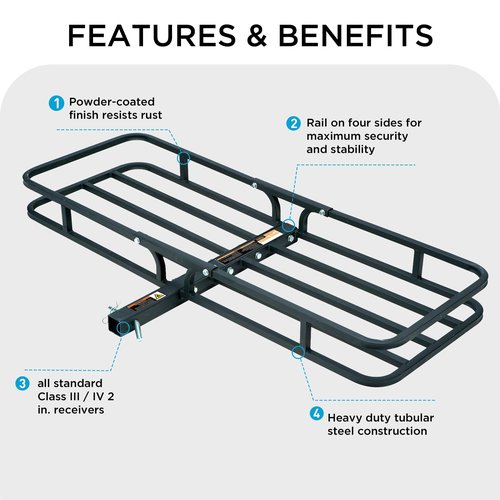 Rockland Heavy Duty Steel Cargo Carrier, 500 LBS, 53.5" x 19.5" x 4", Hitch Mount for 2" Receivers, Compatible with Class III & IV, Heat-Resistant, Durable, Easy Assembly
