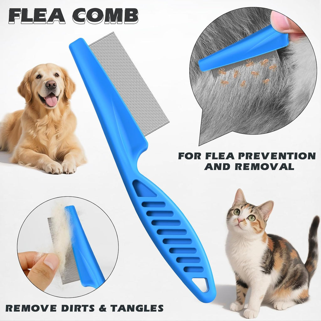 Skiennix Pet Grooming Set - 3PCS Double-Sided Rake, Metal Comb & Flea Comb for Cats & Dogs | Extra-Wide Deshedding Tool (Blue)