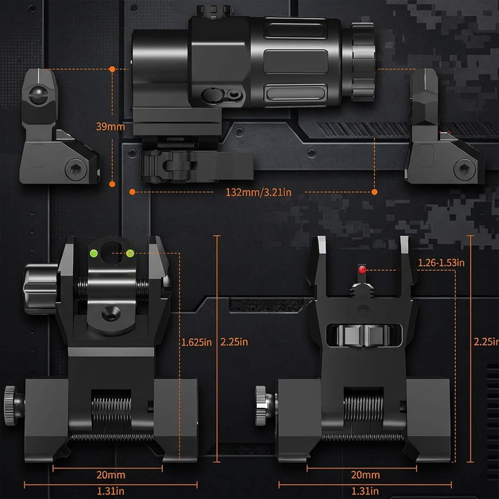 Upgraded Fiber Optic Iron Sight Set - Low Profile Picatinny Rail Backup Sights with Red/Green Dots