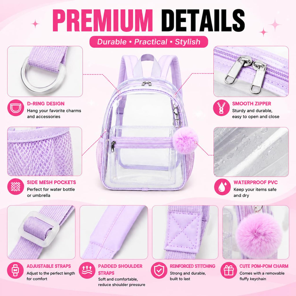 BTOOP Clear Mini Backpack for Stadium Events 12x12x6 Small Transparent Backpacks Plastic See Through Clear Bag for Concerts Work Festival Security Travel Purple