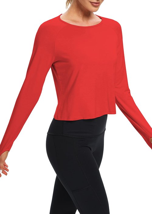 Bestisun Womens Athletic Long Sleeve Shirts Backless Workout Yoga Crop Tops Sports Dance Clothes Red XL