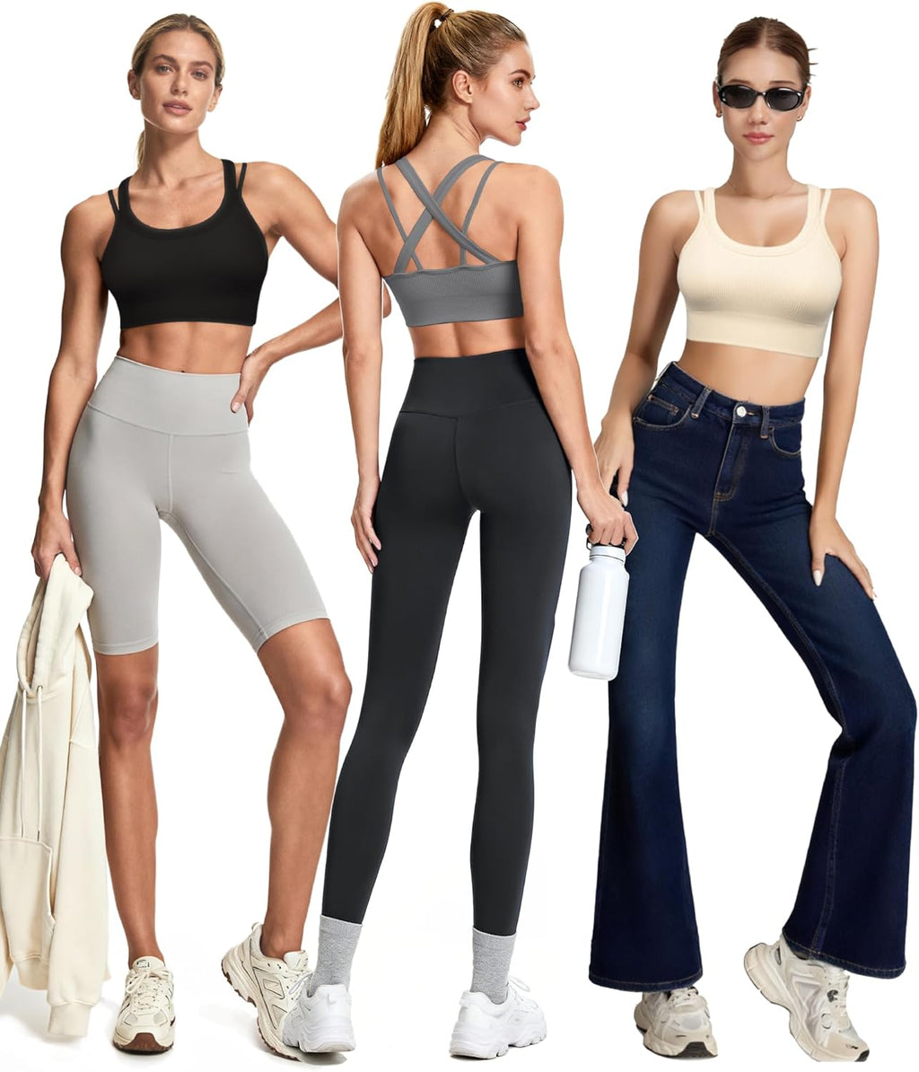WANAYOU High Support Sports Bras for Women - Ribbed Strappy Criss Cross Back Workout Bra | 3 Pack