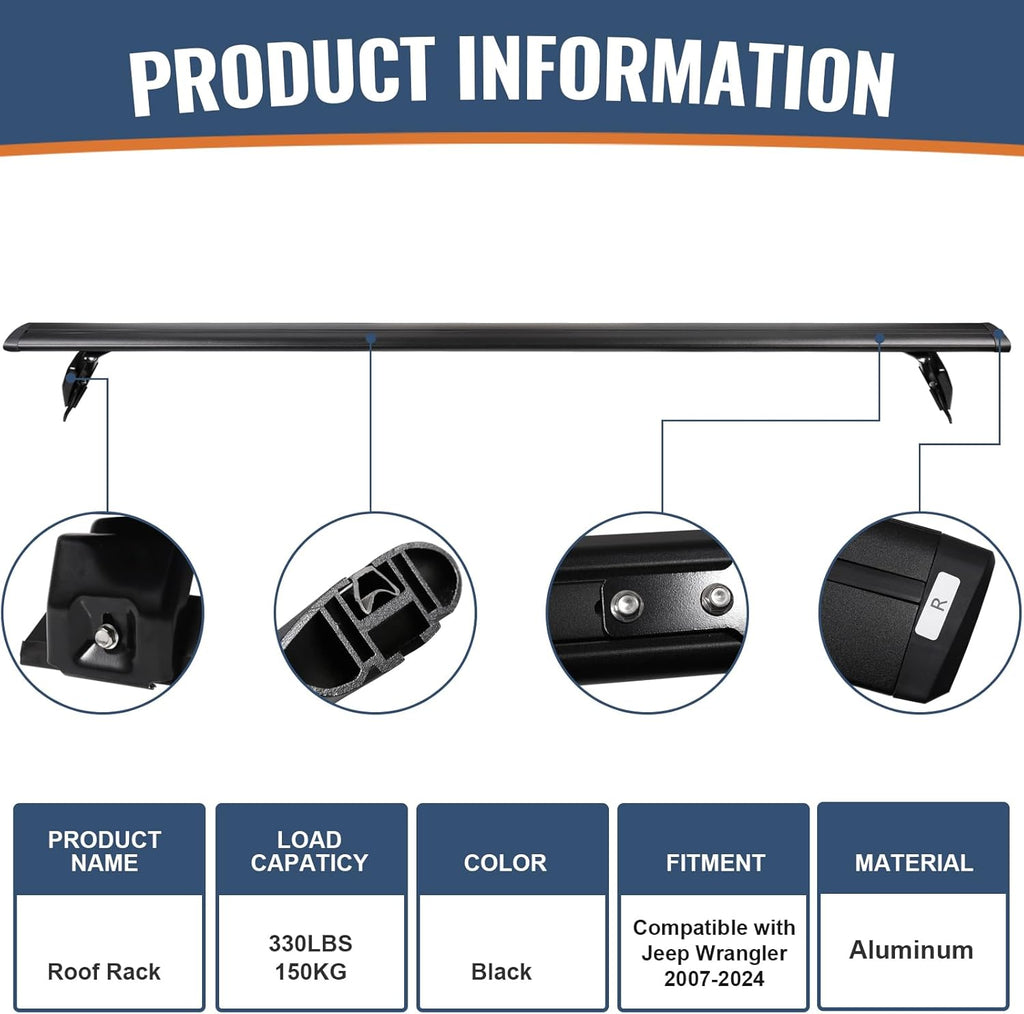 Wonderdriver Heavy Duty Roof Rack Cross Bars - 330lb Capacity for Jeep Wrangler JK JL Gladiator JT 2007-2026 | Aluminum Cargo Carrier