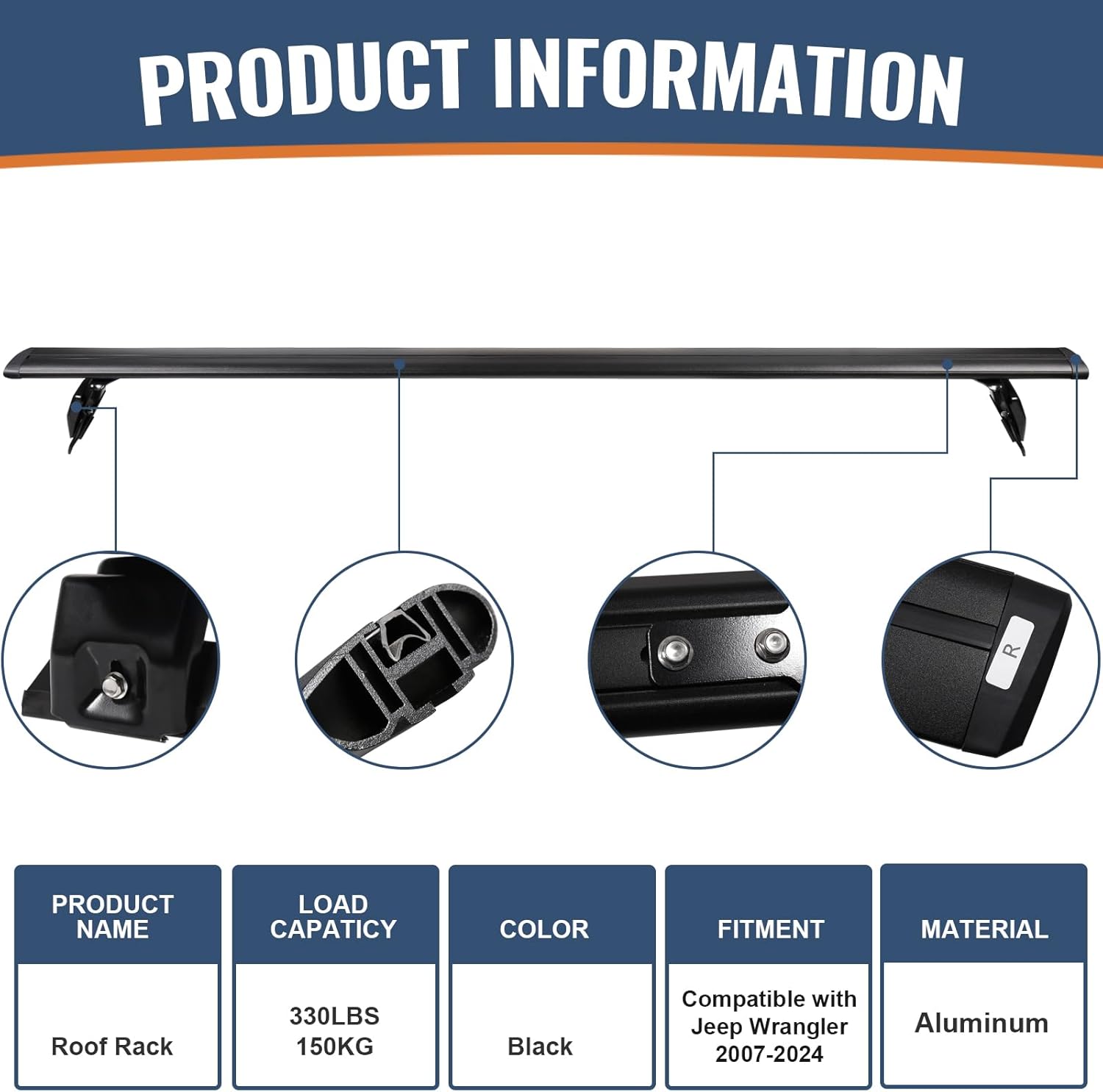 Wonderdriver Heavy Duty Roof Rack Cross Bars - 330lb Capacity for Jeep Wrangler JK JL Gladiator JT 2007-2026 | Aluminum Cargo Carrier