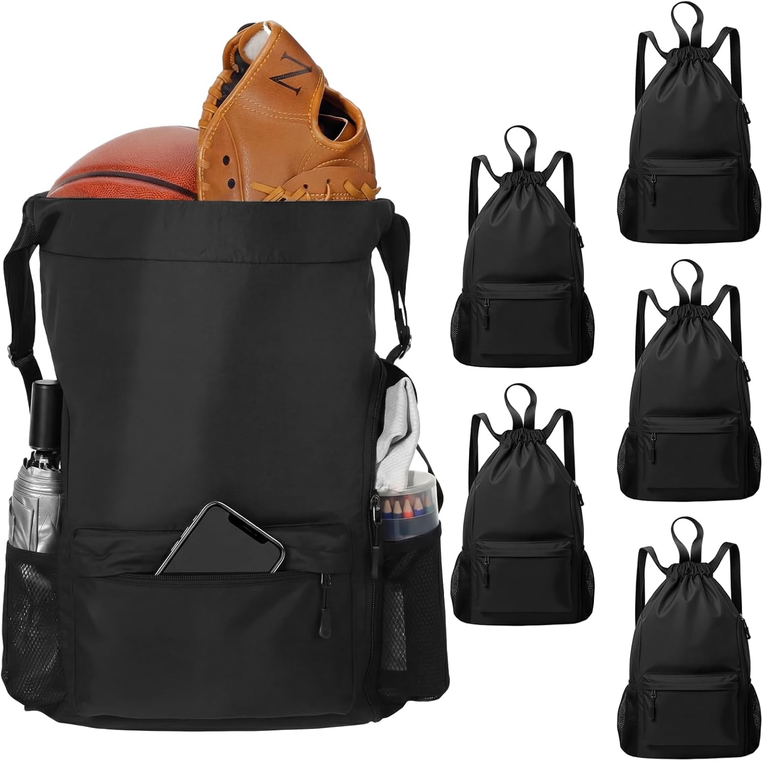Skiennix Black Basketball Drawstring Backpack - Extra-Large Waterproof Gym Bag with Mesh Pocket for Men & Women