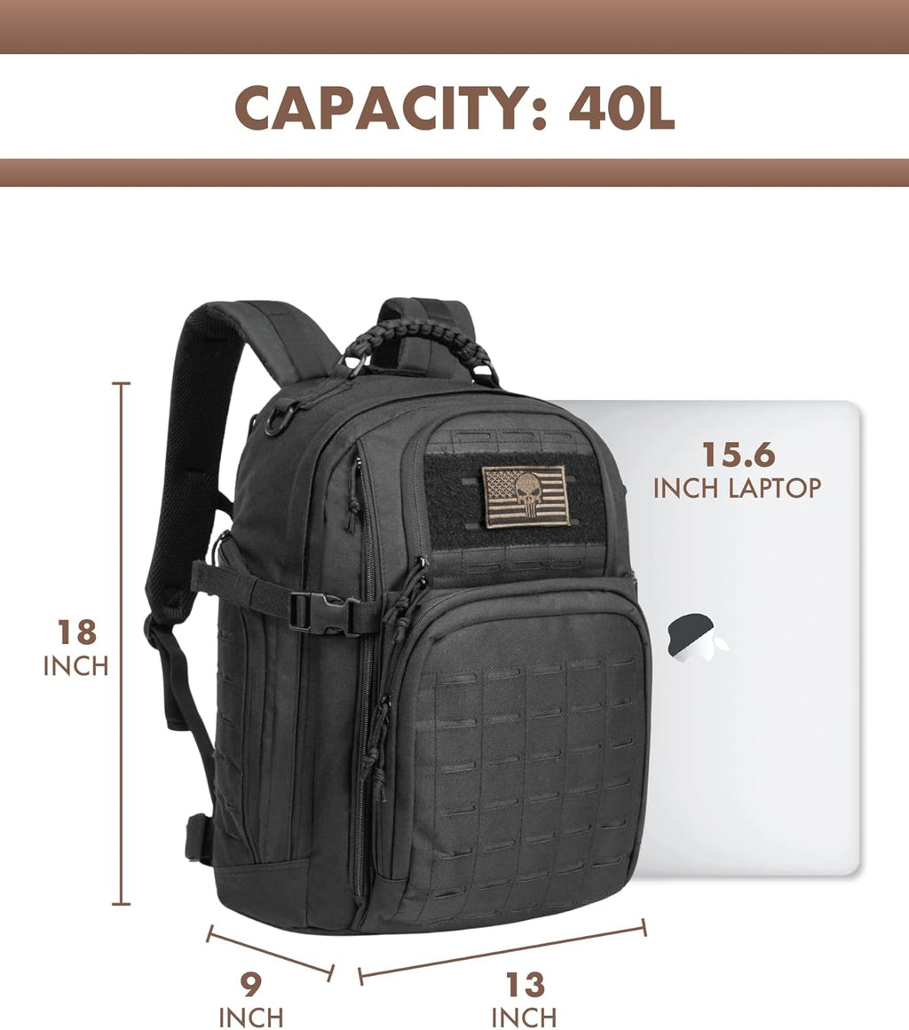 TRAILKICKER Military Tactical Backpack - 40L Lightweight EDC Daypack for Hiking & Camping | Black