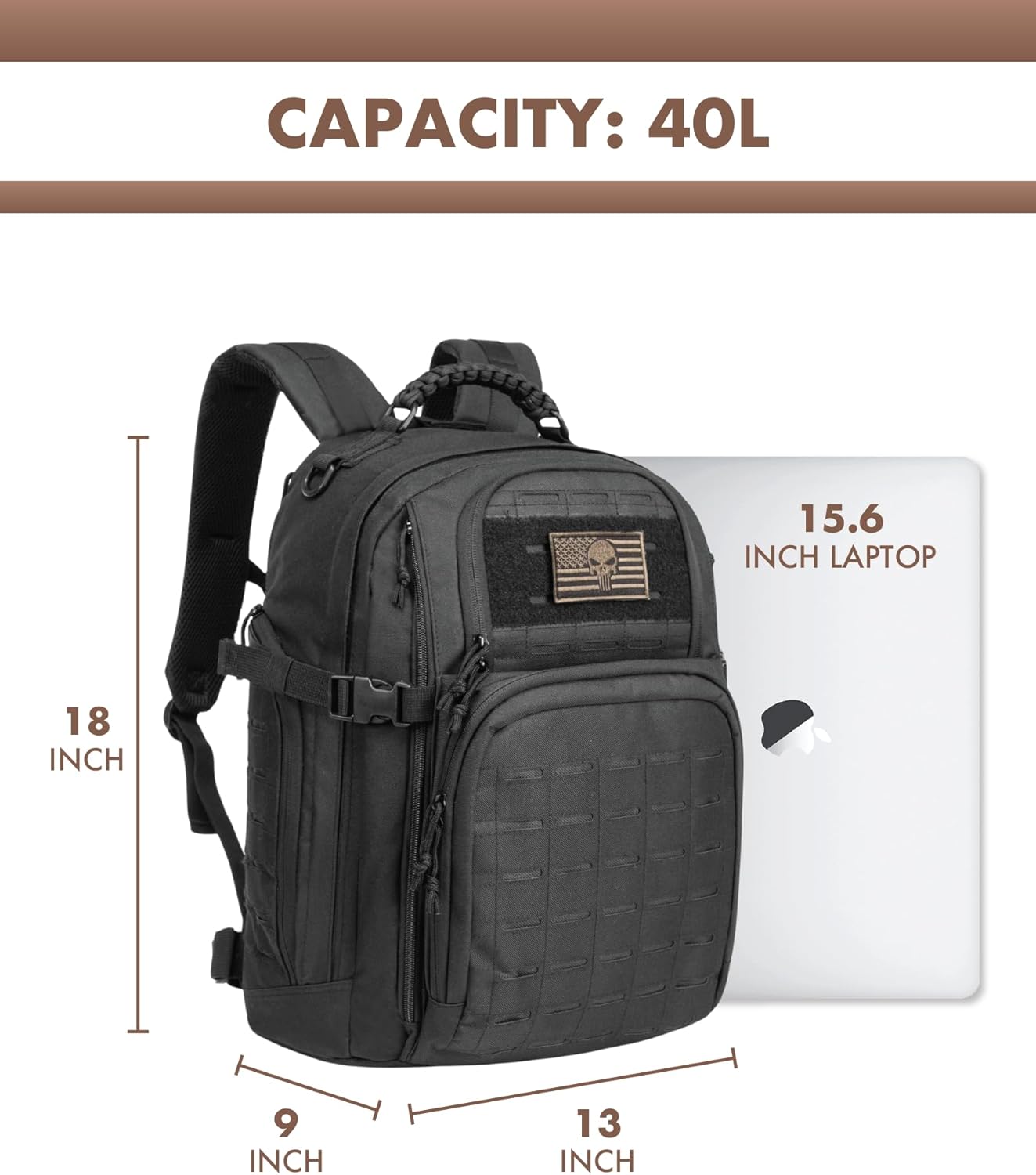 TRAILKICKER Military Tactical Backpack - 40L Lightweight EDC Daypack for Hiking & Camping | Black