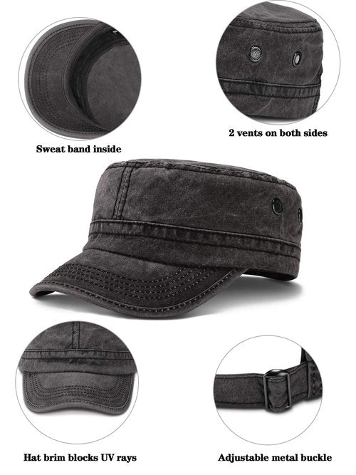2 Pack Military Hat Washed Cotton Army Green Flat Top Caps Cadet Army Men's Baseball Caps Adjustable for Outdoor Sports