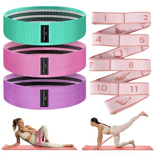 ABAPIC 2-in-1 Fabric Resistance Bands Set & 12-Loop Numbered Elastic Stretching Strap - Non-Slip Booty Bands for Glute Workout, Stretchy Yoga Belt for Physical Therapy & Rehab