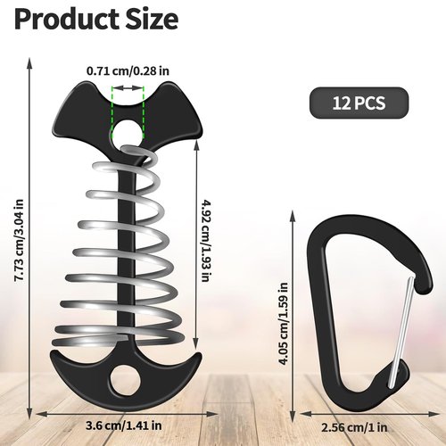 12 Pack Deck Anchors Pegs with Carabiners - Aluminum Rope Tensioner; Tent Tie Down Stakes, Windproof Canopy Tent Anchors, Outdoor Camping Accessories