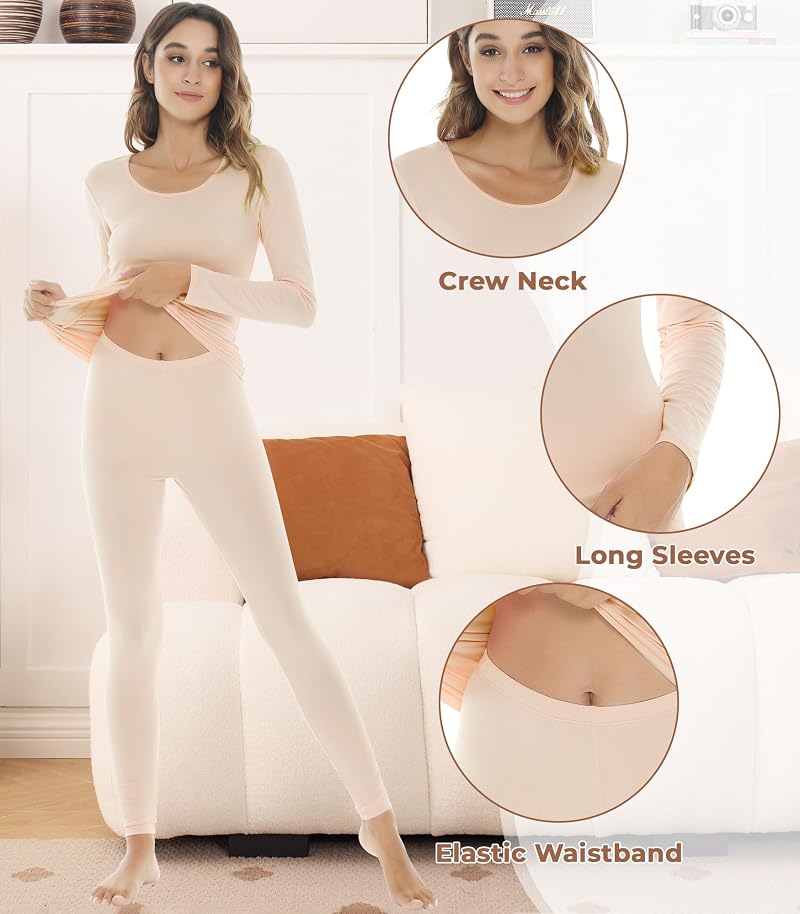 A-Beige X-Large Thermal Underwear for Women - Bamboo Viscose Long Johns Base Layer Pajama Set