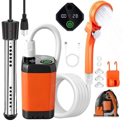 COOLIGO Portable Camping Shower with Heater, 6000mAh Rechargeable Camping Shower with 2000W Auto-Off Immersion Heater, LED Display, Heated Outdoor Shower for Travel, Hiking, Car