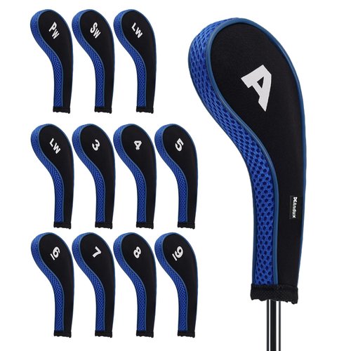 Andux 12pcs/Set Golf Iron Club Head Covers Number Print Long Neck with Zipper Black/Blue