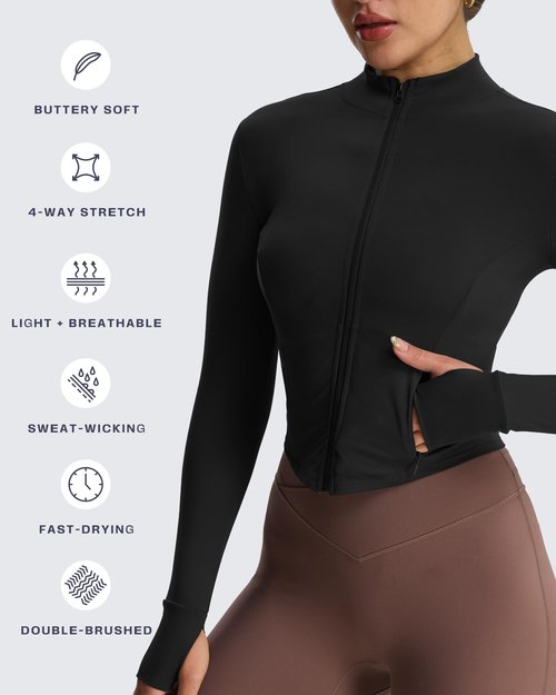 Aoxjox Women's Geo Full Zip Velura Jacket Workout Buttery Soft PlushFlex™ Long Sleeve Thumbhole with Pocket Cardigan (Black, Small)