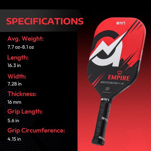 A11N Empire Edgeless Pickleball Paddle – Carbon Fiber Paddle with Longer Handle Design for Double-Handed Backhand & SuperGrit Surface Texture Technology, PowerMax – Elongated Shape, Red