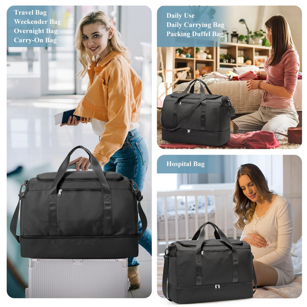 Extra Large Travel Duffle Bag,Carry on Overnight Weekend Bag with Shoes Compartment,Weekender Bags for Women for Travel Business Trips Sport Hospital,3 Pcs Set,Black