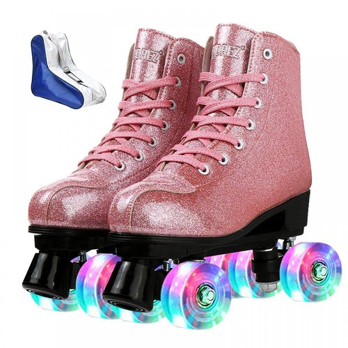 Roller Skates for Women Men Shiny PU Leather High-top Roller Skate Shoes for Beginner Classic Double-Row Roller Skates, Indoor Outdoor Roller Skates (Crystal Pink Flash Wheels,41)