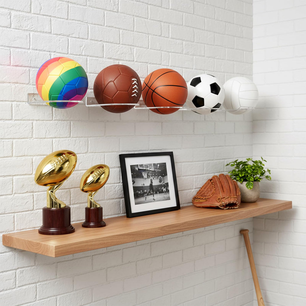 MAQUITA 4 Pcs Basketball Holder Wall Mount, Acrylic Ball Display Rack, Clear Storage Hanger for Football Soccer Volleyball Rugby