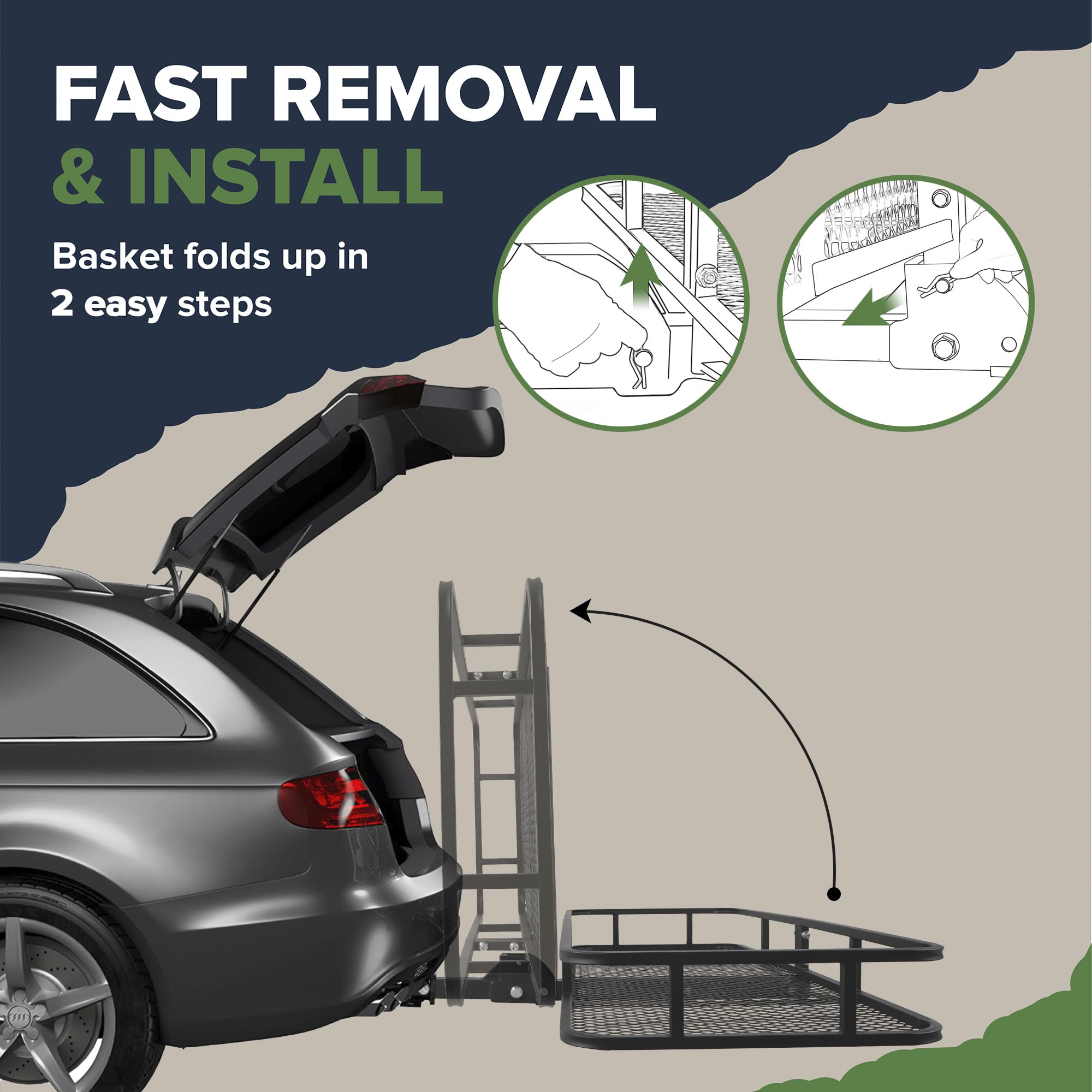 ARKSEN 60" x 23" x 5.5" Folding Hitch Cargo Carrier Basket w/Waterproof Cargo Bag(16.5 Cu Ft), Net, Hitch Stabilizer, 2 Ratchet Straps, 500 Lbs Heavy Duty Rear Trailer Cargo Rack Fits 2" Receiver