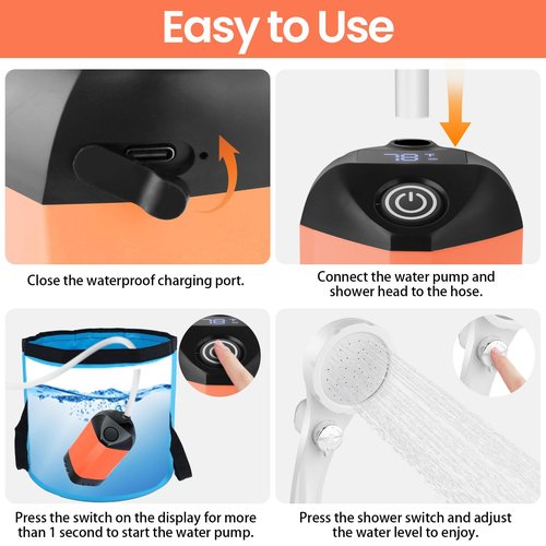 B013 Portable Shower for Camping, 7800mAh Rechargeable Camping Shower with 3 Spray Modes, IPX7 Waterproof Portable Shower Pump for Outdoor (Orange)