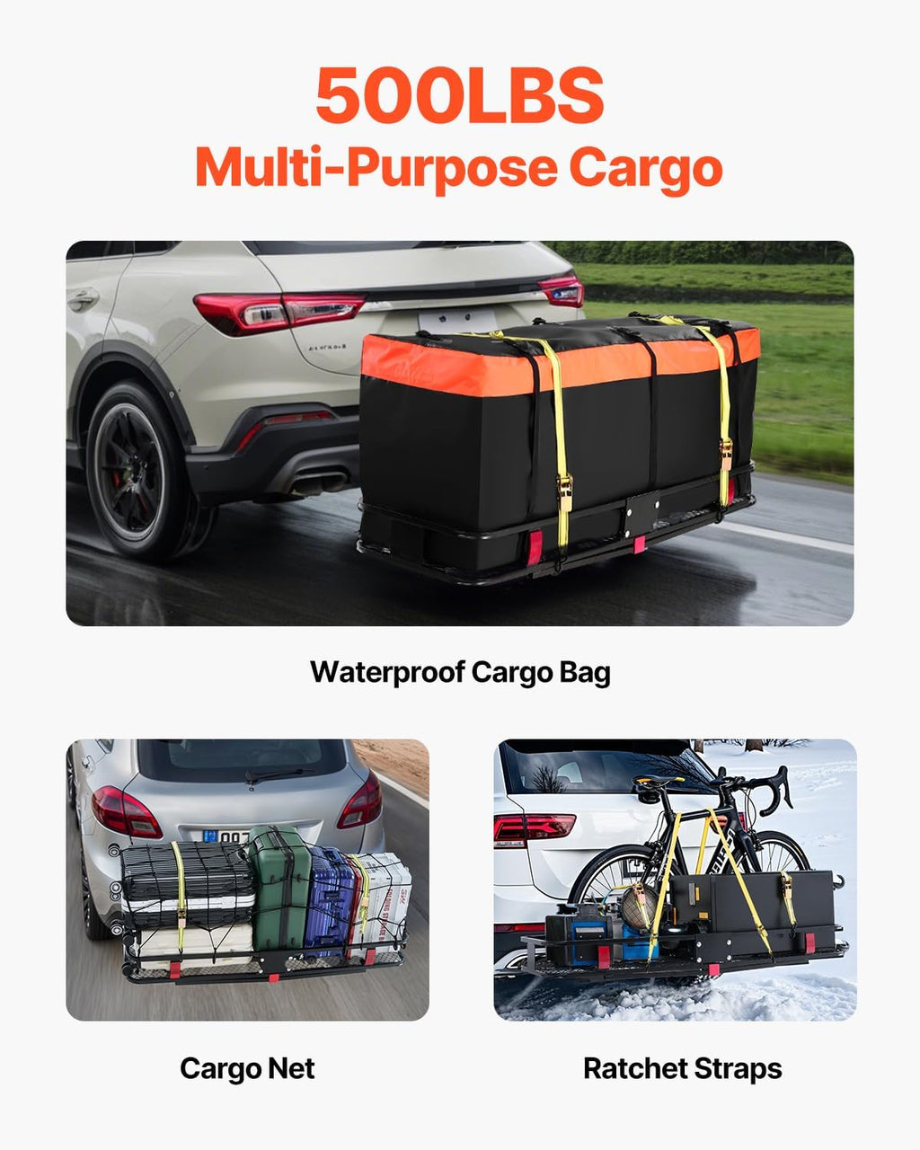 VEVOR Hitch Cargo Carrier - 500 lbs Capacity with Waterproof Cargo Bag & Net | 60"x20"x6" for SUVs