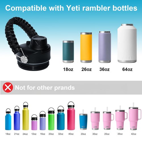 Lid for Yeti Rambler 26 36 46 64 oz Bottles | Screw Top with Flex Paracord Handle, Chug caps for Yeti Kids Jr 12 18 Ounce Cup | BPA Free Leakproof Cover | Replacement Water Bottle Accessories | Black
