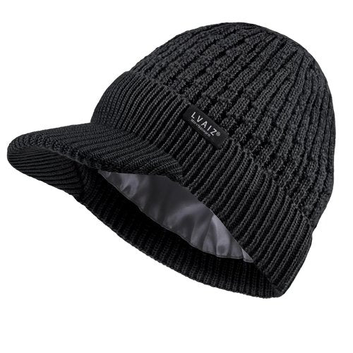 Lvaiz Womens Satin Lined Winter Beanie Hat with Brim Visor Warm Knit Cuffed Skull Baseball Cap Silk Lining Hat for Men Black
