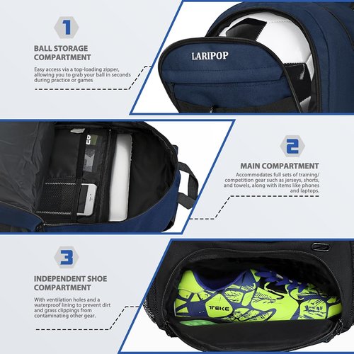 LARIPOP Soccer Backpack - Youth Sports Bag with Ball Holder & Shoe Compartment | Durable Design