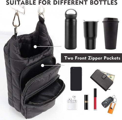 Dealkion Water Bottle Holder - Quilted Puffer Sling Purse Carrier Bag for Women