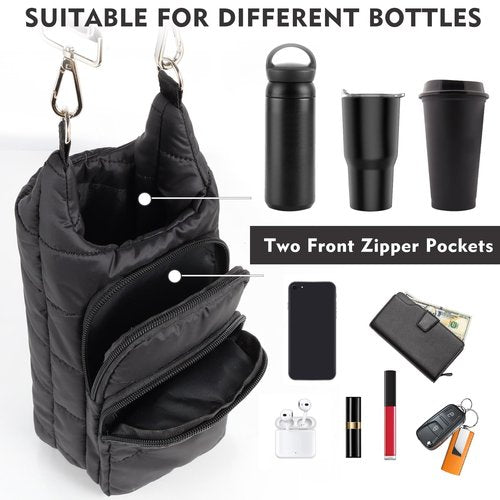 Dealkion Water Bottle Holder with Strap Water Bottle Carrier Bag with Strap Quilted Puffer Hydrobag Sling Purse Crossbody Bags for Women Walking Hiking Cycling