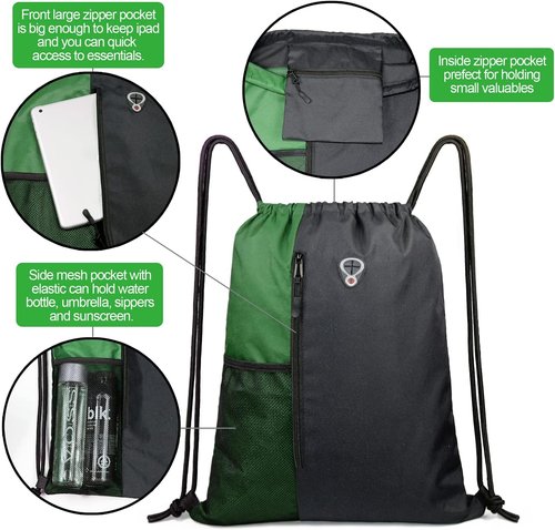 BeeGreen Drawstring Gym Backpack - Large Cinch Sackpack with Zipper & Water Bottle Pockets | Black/Green