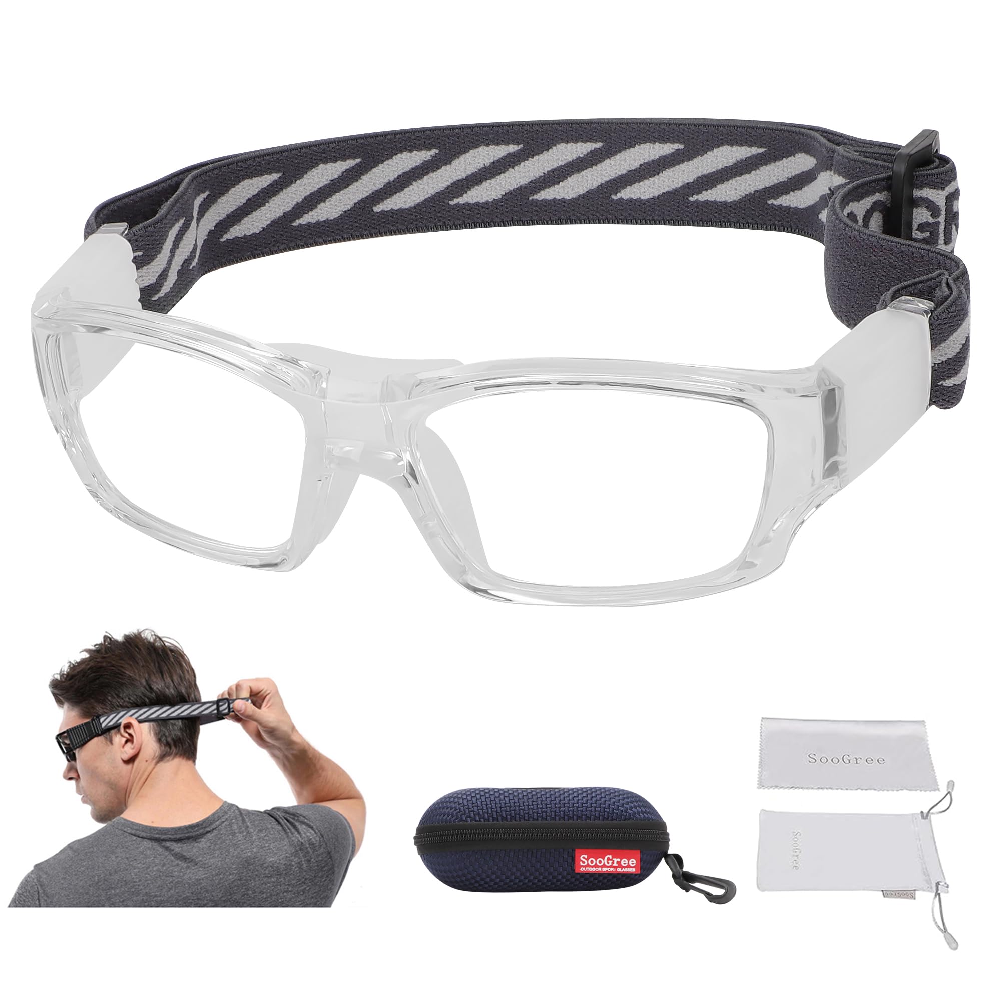 SooGree Sport Glasses Goggles Basketball Soccer Sports Protective Eyewear Goggles Safety Glasses-Replaceable Prescription Lens (8031 Transparent Frame White Pad)
