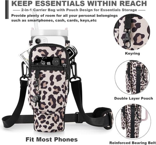 BULKITEM Water Bottle Carrier Bag - Insulated Neoprene Pouch with Phone Pocket for Stanley 40 & 30 oz Tumbler - Pink