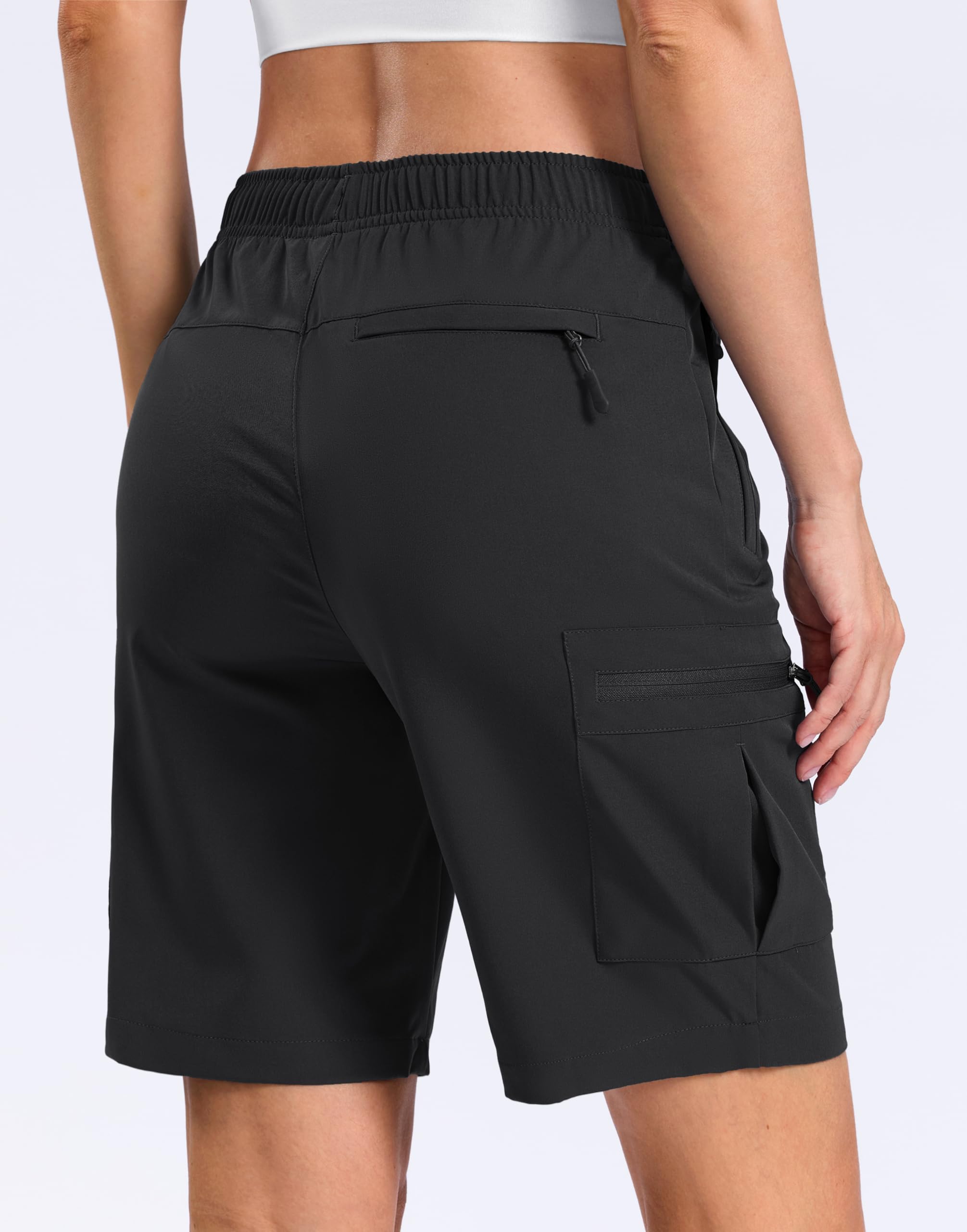 SANTINY Women's 7"/9" Lightweight Hiking Cargo Shorts with 5 Zipper Pockets Quick Dry Summer Long Travel Golf Short for Women (Black_L)