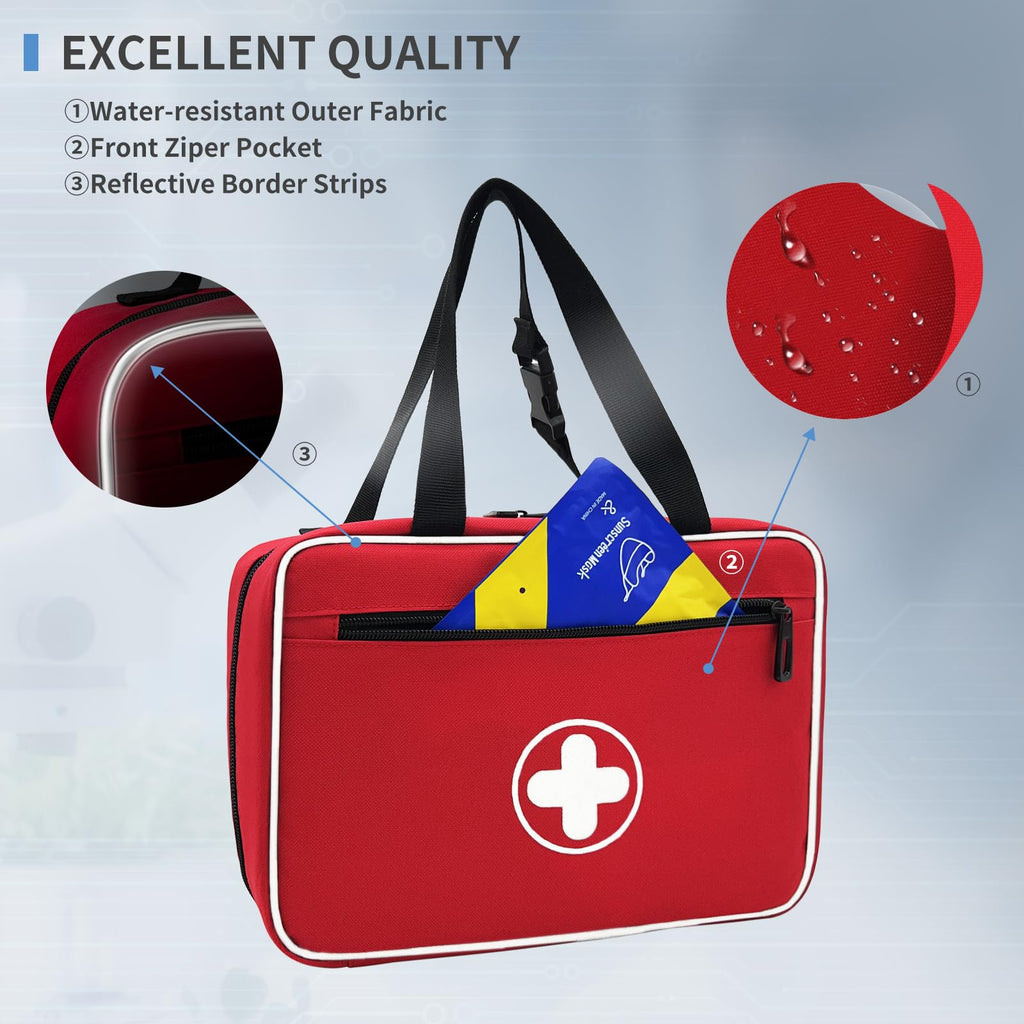 Portable First Aid Bag, Empty Emergency Trauma Kit with Reflective Strips, Multi-Compartment Medical Organizer for Travel, Camping, Car, Outdoor and Home, BAG ONLY (Red)