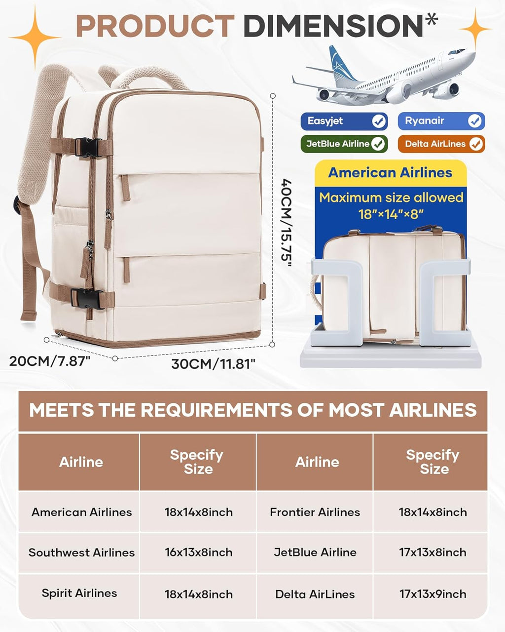 Skiennix Travel Backpack - Flight Approved Carry-On Bag for Airlines | Large Beige & Brown Design