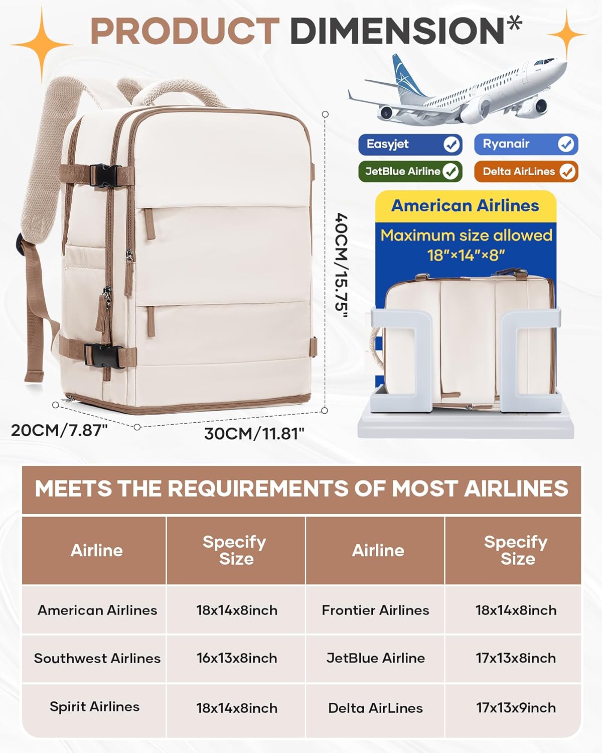 Skiennix Travel Backpack - Flight Approved Carry-On Bag for Airlines | Large Beige & Brown Design
