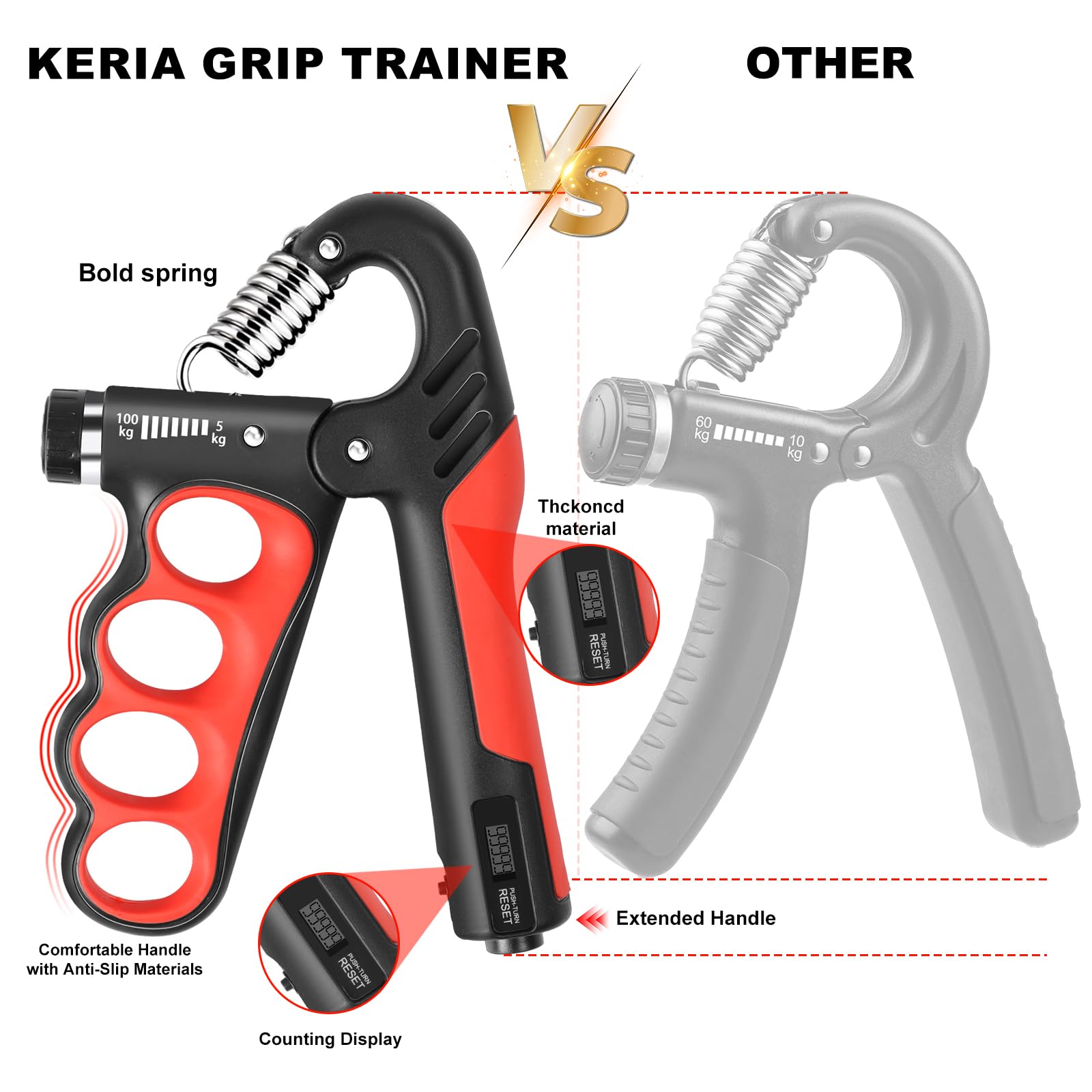 Keria Grip Strength Trainer Kit, Hand Grip Strengthener with Adjustable Resistance 11-220Lbs, Fingers Exerciser - Silicone Rings, Forearm Strengthener for Athletes Musicians and Injury Recovery