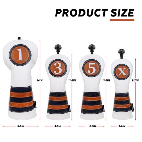 Craftsman Golf Club Covers Set 3 Wood Head Cover Fairway Headcover Leather Golf Head Cover with Stripes Golf Gift for Men/Women 4pcs(135X)
