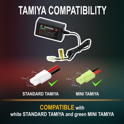 Lancer Tactical Smart Charger for 8.4V–9.6V NiMH Battery Packs, Compatible with Airsoft Guns, RC Cars, and RC Airplanes, Mini Tamiya & Standard Tamiya Connectors