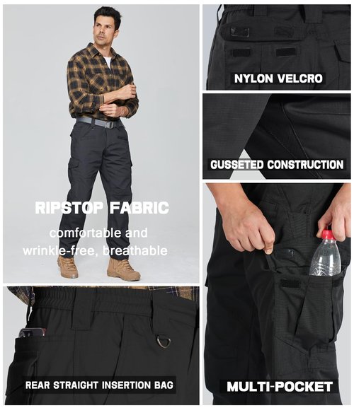 Cargo Pants for Mens Breathable Ripstop Cargo Work Pants Outdoor Quick Dry Stretch Tactical Construction Hiking Travel Pants with 9 Pockets Black 36Wx32L