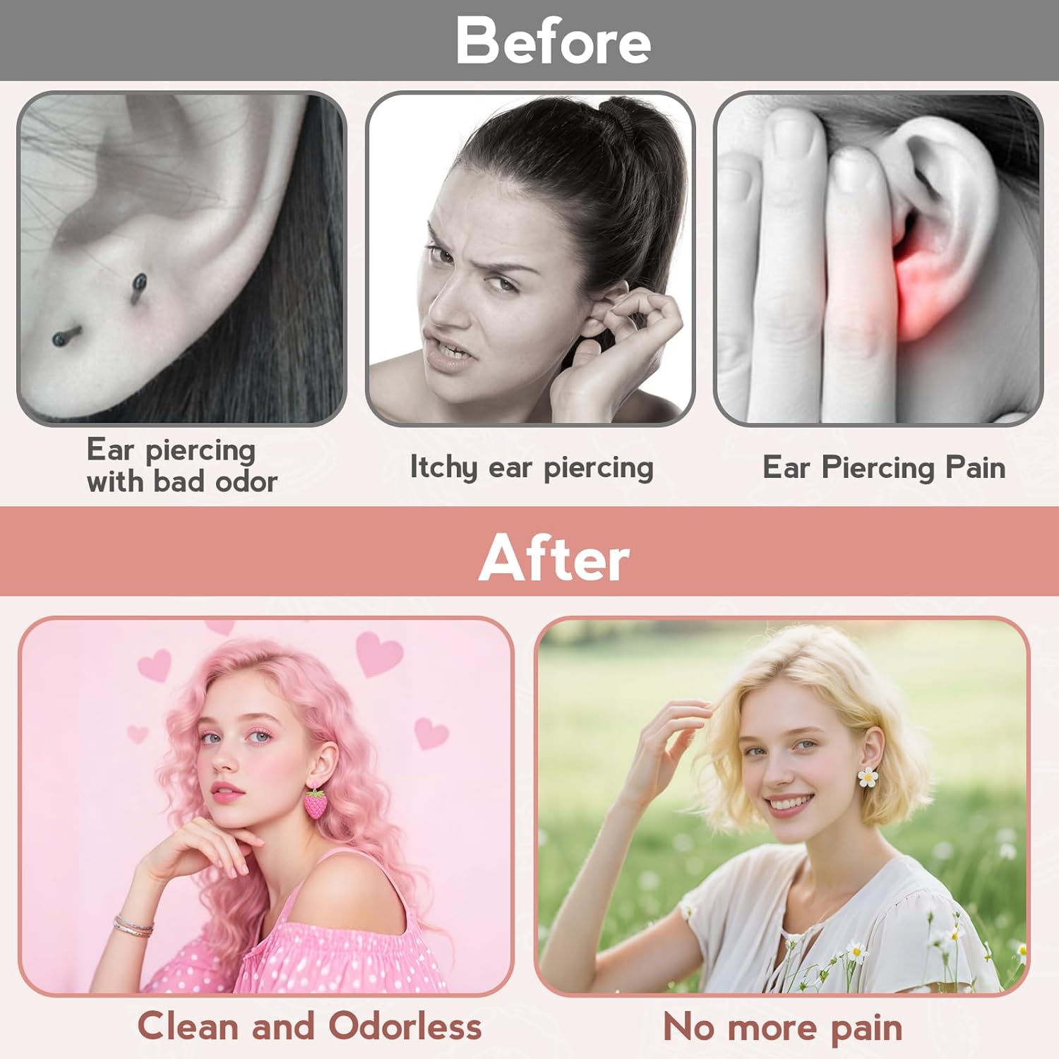 XANGNIER Ear Piercing Cleaner Kit - 240 Disposable Floss & 50 Cotton Swabs for Aftercare | Pink