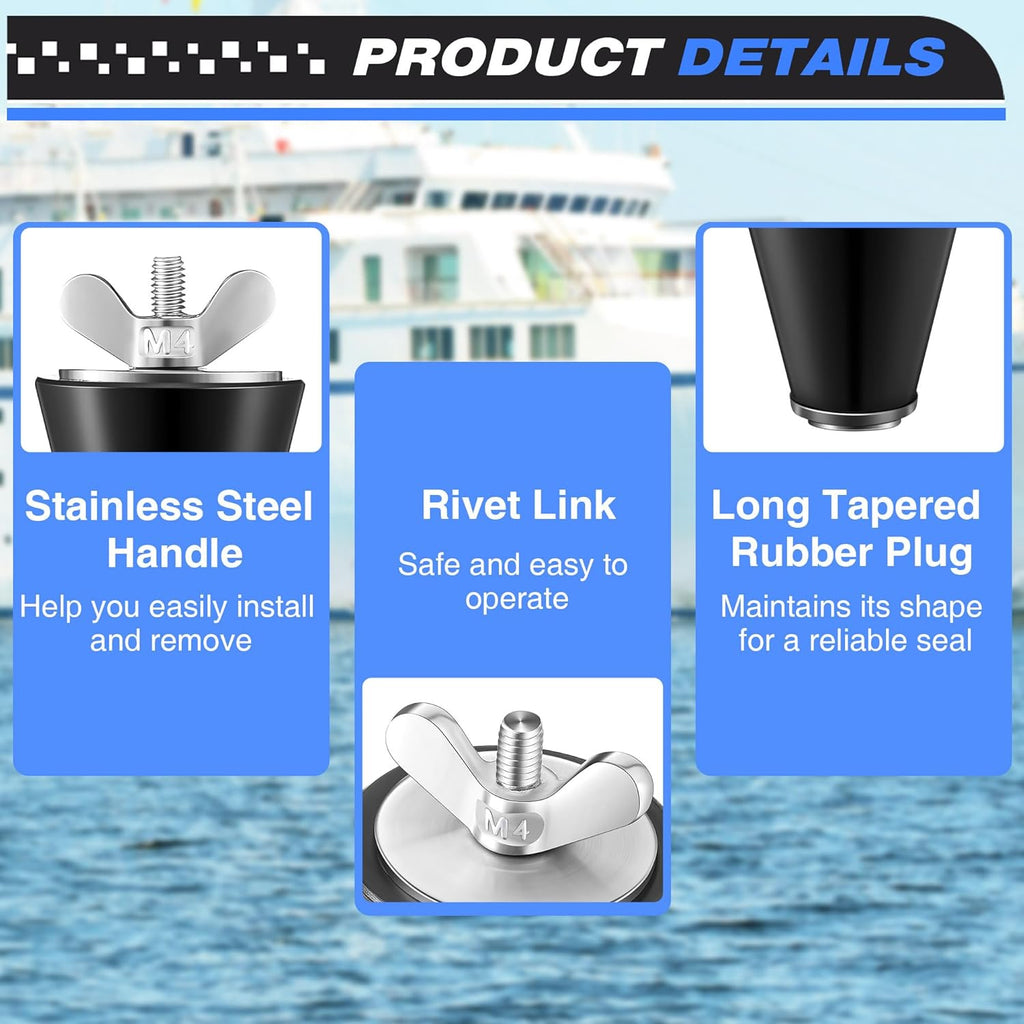 Skiennix Rubber Winter Boat Drain Plug - Long Tapered Stopper with Stainless Steel Head | Fits 1/2" to 1" Holes