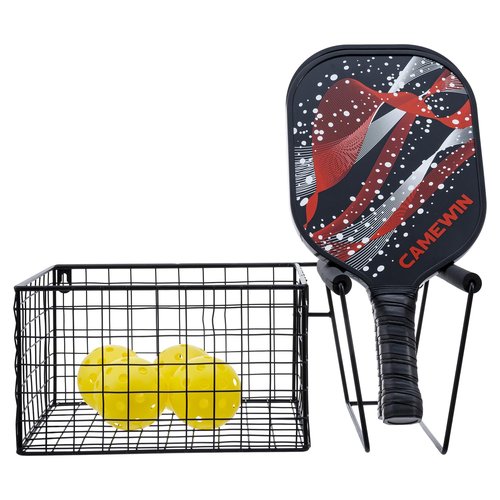 MyGift Pickleball Paddle Holder for Wall Holds 5 Paddles and Balls Pickleball, 16 Inch Metal Hanging Equipment Organizer with Racket Holder and Basket for Balls