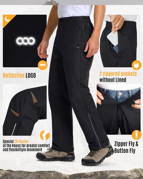 33,000ft Men's Rain Pants Full Zip Waterproof Pants Breathable Rain Over Trousers for Outdoor Hiking Golf Work Black