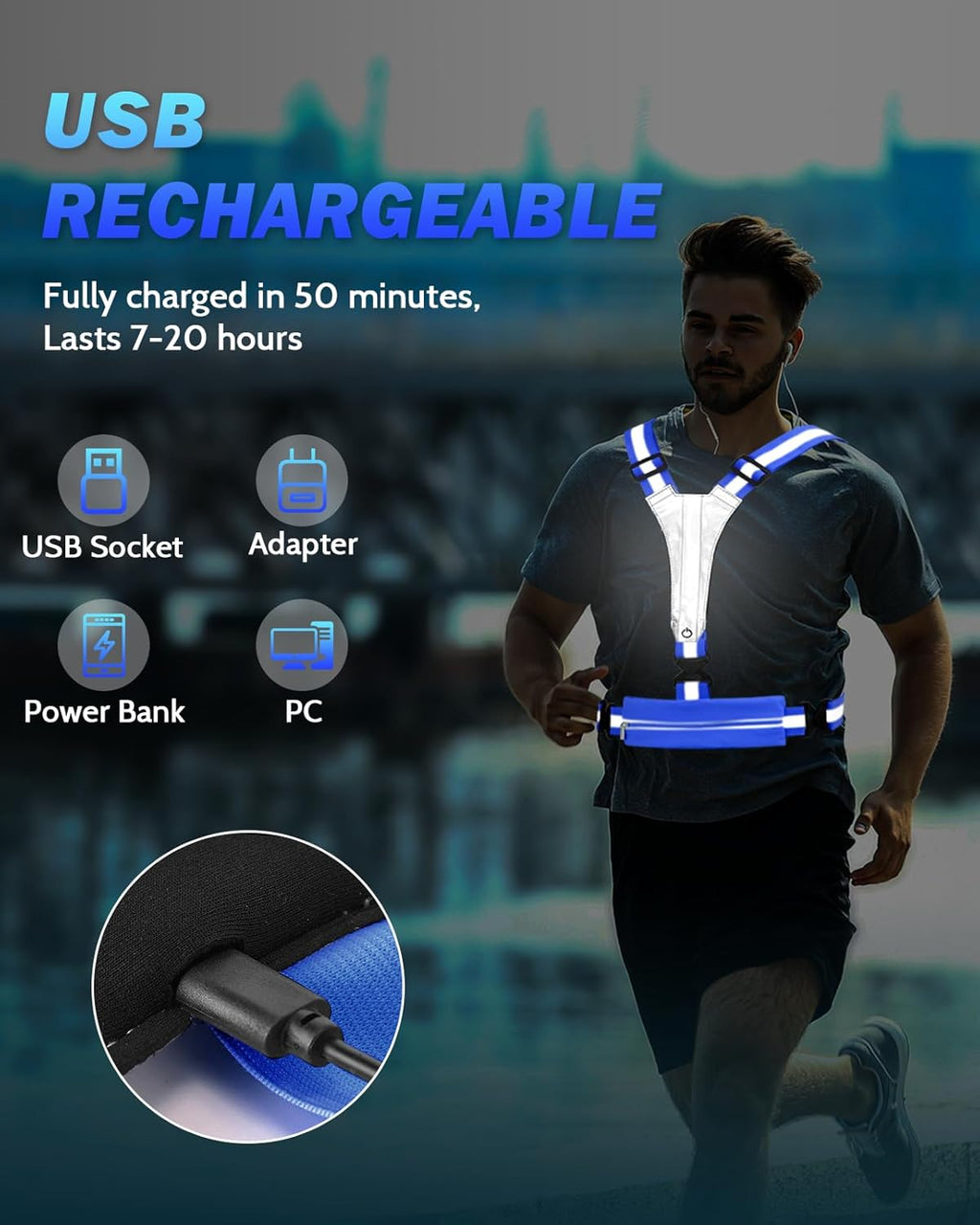 Skiennix LED Reflective Running Vest - Rechargeable High Visibility Safety Gear for Night Runners | Adjustable Fit