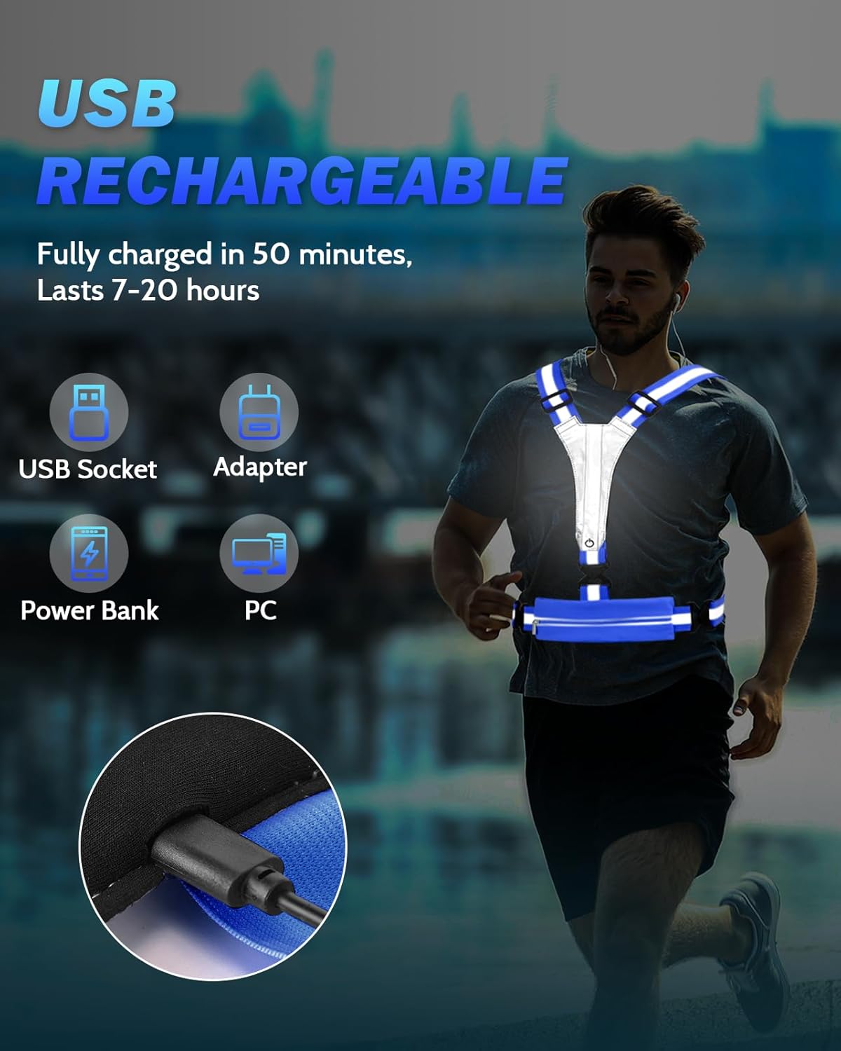 Skiennix LED Reflective Running Vest - Rechargeable High Visibility Safety Gear for Night Runners | Adjustable Fit